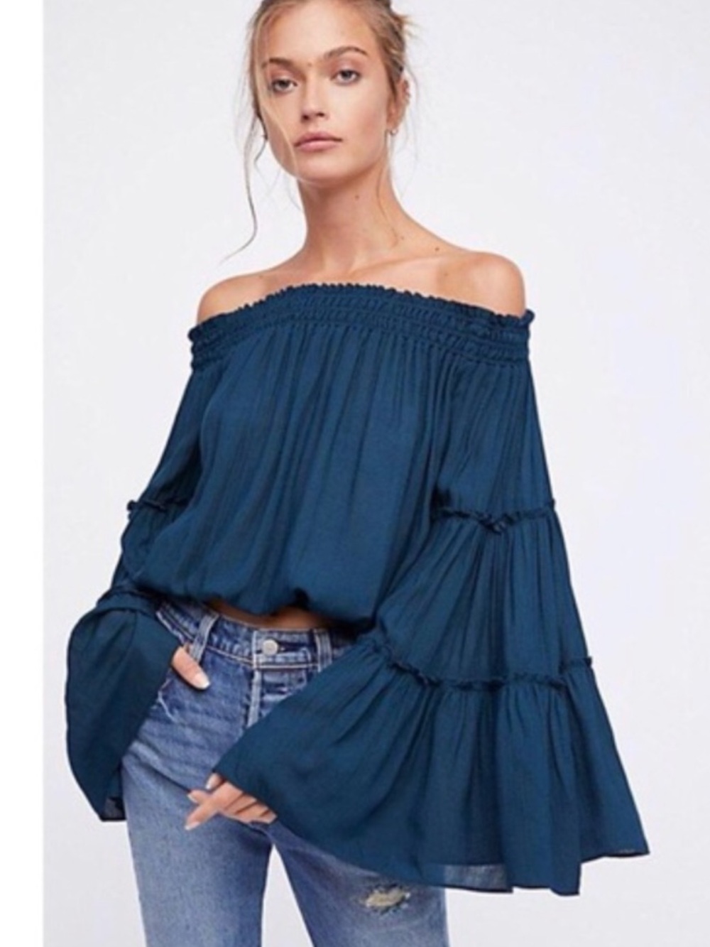 Free People Free Spirit Top off shoulder statement bell sleeves boho Blue Medium